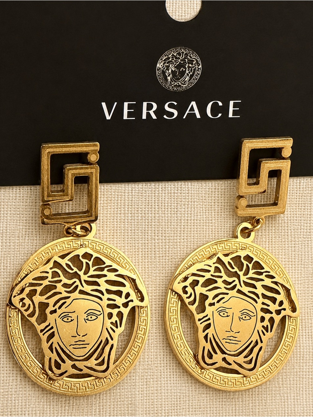 Gold Medusa Greek Key Statement Drop Earrings | Luxury Designer Style Jewelry